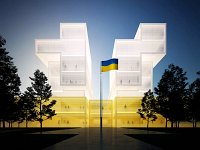 46-Maison de l'Ukraine  La Cité internationale a une longue tradition d’accueil des étudiants et chercheurs réfugiés mais elle ne dispose pas de Maison de l’Ukraine. L’accueil s’est donc concrétisé parmi plusieurs des 43 maisons, sous la bannière « Maison de l’Ukraine » A la demande de la Cité internationale, l’architecte Jean-Michel Wilmotte a dessiné en avril 2022 une Maison virtuelle de l’Ukraine pour donner une identité au projet d’accueil des 140 étudiants et chercheurs ukrainiens sur le campus.