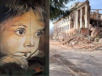 4  Zhytomyr, J'ai peint des visages d'enfants dans un bâtiment entièrement détruit par les bombes russes. Il a été douloureux mais important de voir la réalité de la situation là-bas.